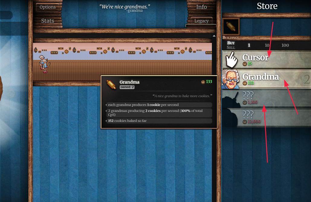 Purchase buildings and upgrades